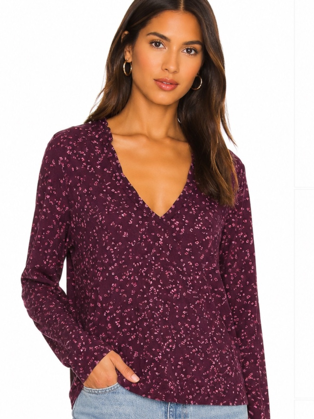 Anthropologie Plum Floral V-Neck Long-Sleeve Top blouse